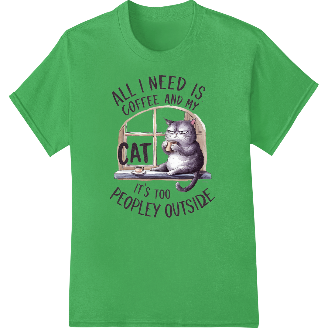 Purrfect Pair: Cat & Coffee DTF Print for Introverts on green shirt - SUPERDTF-DTF Prints-DTF Transfers-Custom DTF Prints