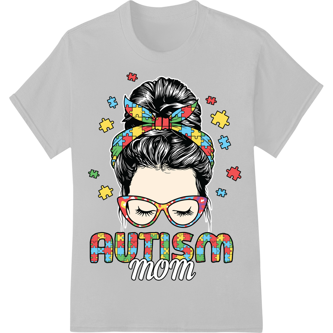 Autism Mom: Vibrant Puzzle Piece Hair Bow DTF Print Transfer on white shirt - SUPERDTF-DTF Prints-DTF Transfers-Custom DTF Prints