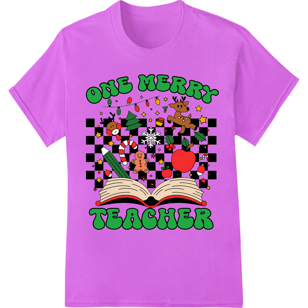 One Merry Teacher | Festive DTF Print Heat Transfer Design on purple shirt - SUPERDTF-DTF Prints-DTF Transfers-Custom DTF Prints