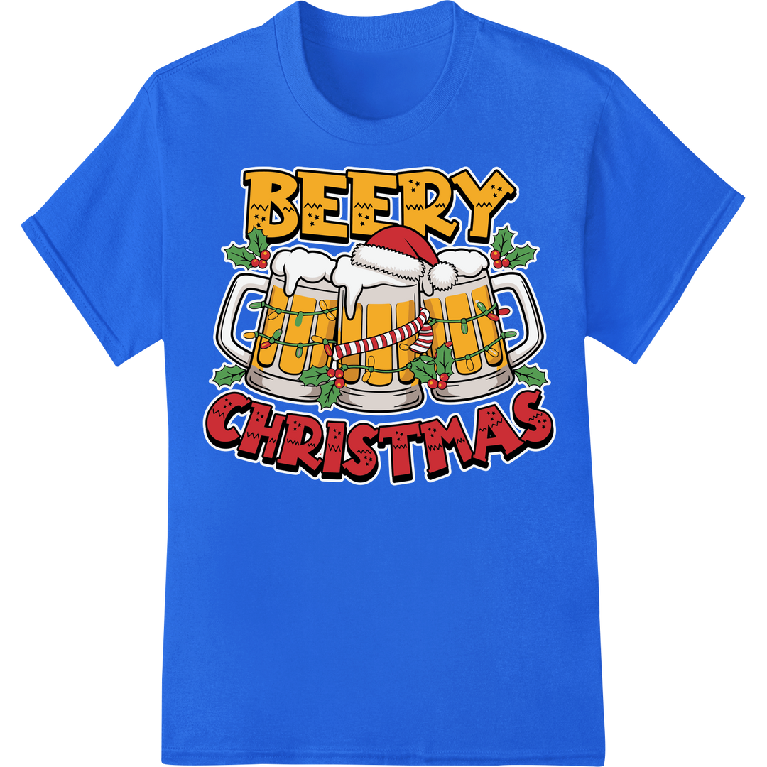 Festive 'Beery Christmas' DTF Print Heat Transfer on blue shirt - SUPERDTF-DTF Prints-DTF Transfers-Custom DTF Prints