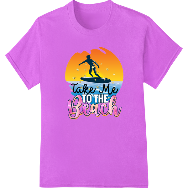 Colorful beach-themed heat transfer design featuring waves, sun, and seagulls with the text 'Take Me to the Beach'