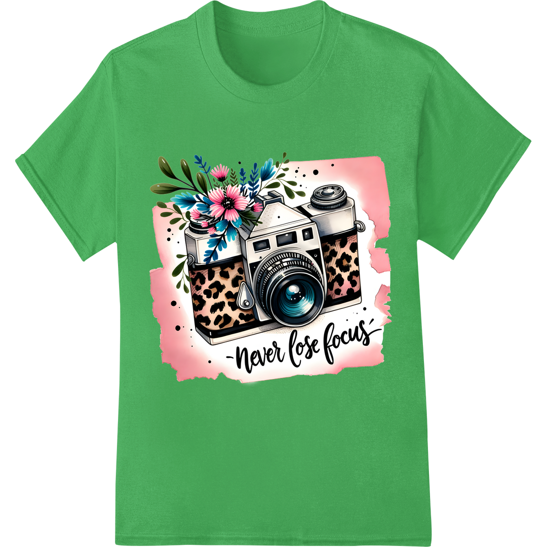 Vintage Camera Floral Leopard DTF Print Heat Transfer on green shirt - SUPERDTF-DTF Prints-DTF Transfers-Custom DTF Prints