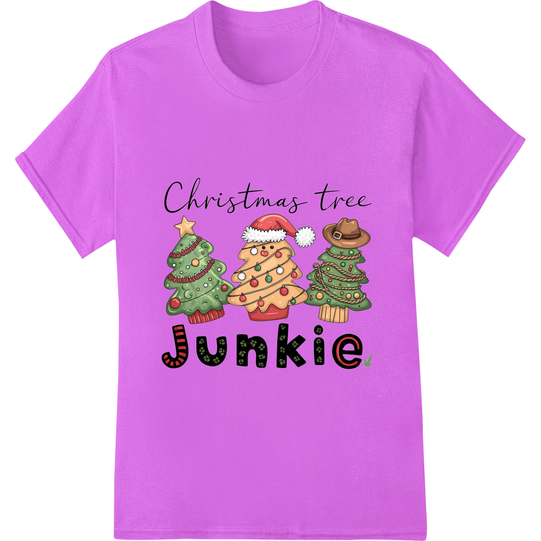 Retro Christmas Tree Junkie: Festive DTF Transfer Print on purple shirt - SUPERDTF-DTF Prints-DTF Transfers-Custom DTF Prints