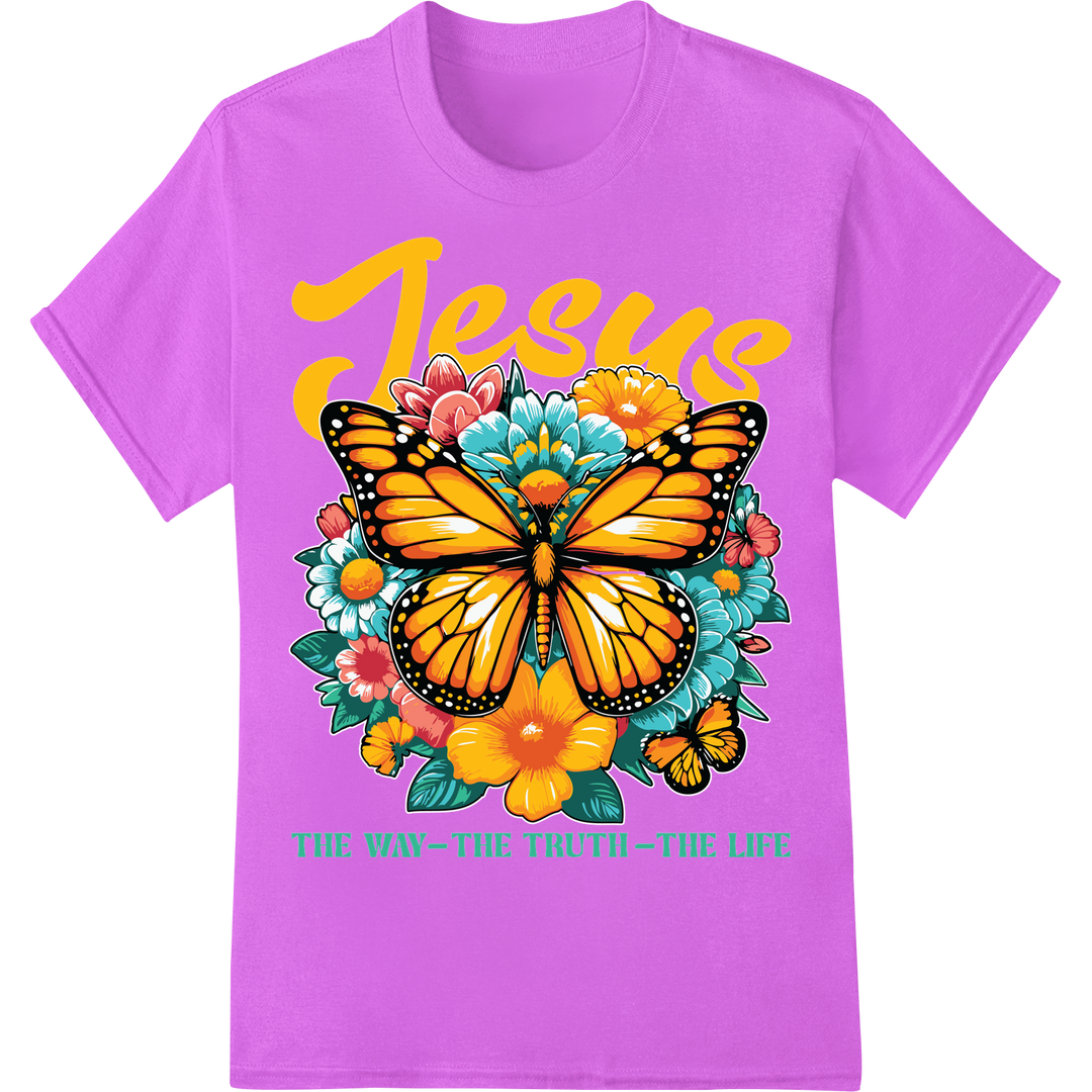 Vibrant Butterfly Jesus DTF Print Heat Transfer | Faith on purple shirt - SUPERDTF-DTF Prints-DTF Transfers-Custom DTF Prints