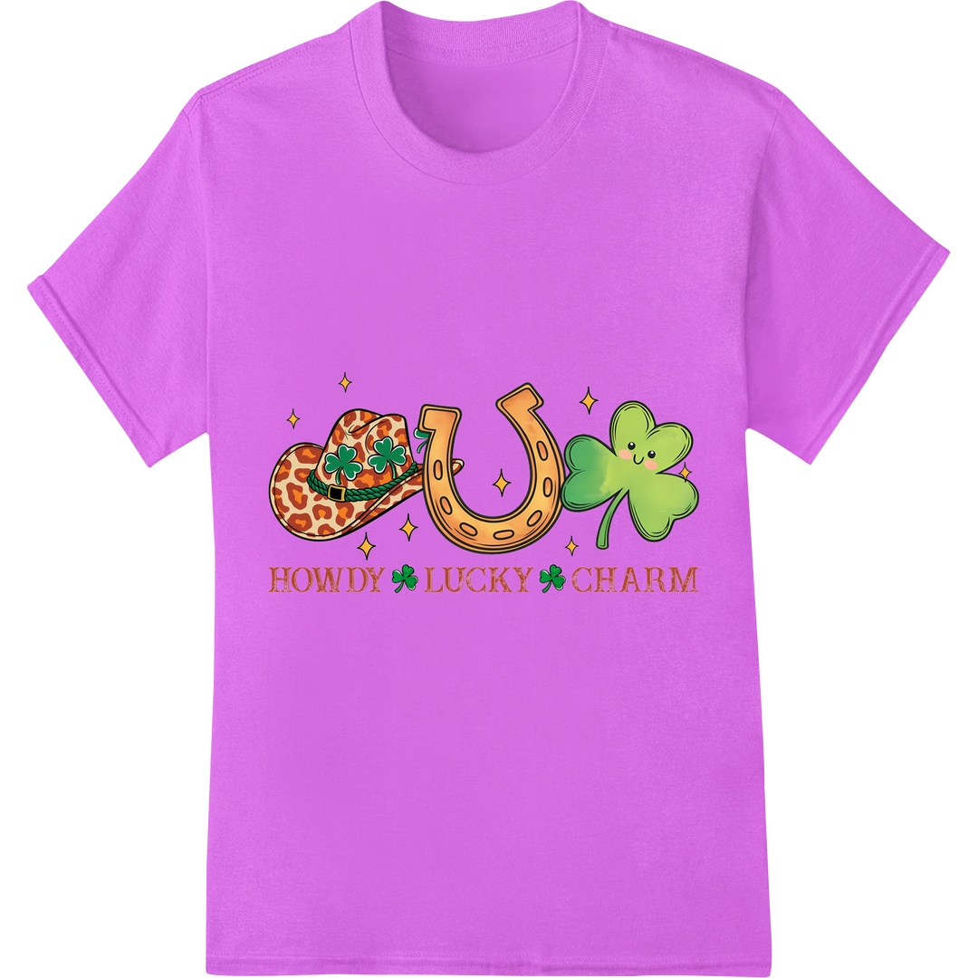 Howdy Lucky Charm: Festive St. Patrick's Day DTF Print on purple shirt - SUPERDTF-DTF Prints-DTF Transfers-Custom DTF Prints