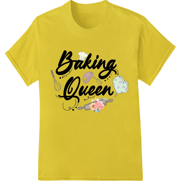 Baking Queen: Whimsical DTF Print for Kitchen Enthusiasts on yellow shirt - SUPERDTF-DTF Prints-DTF Transfers-Custom DTF Prints