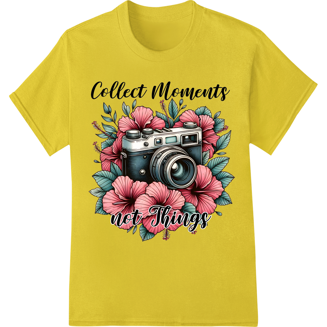 Vintage Camera Art: Collect Moments DTF Print Heat Transfer on yellow shirt - SUPERDTF-DTF Prints-DTF Transfers-Custom DTF Prints