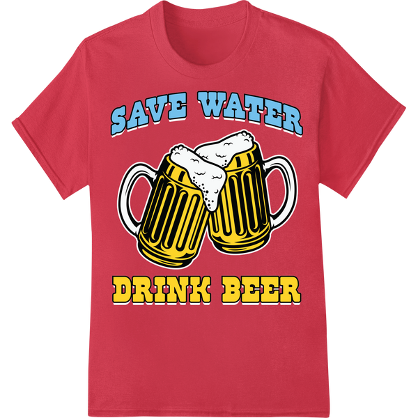 Witty 'Save Water Drink Beer' DTF Print Heat Transfer on red shirt - SUPERDTF-DTF Prints-DTF Transfers-Custom DTF Prints