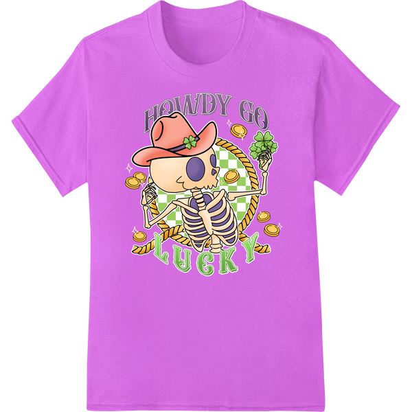 Howdy Go Luck: Skeleton Cowboy St. Patrick's Day DTF Print on purple shirt - SUPERDTF-DTF Prints-DTF Transfers-Custom DTF Prints