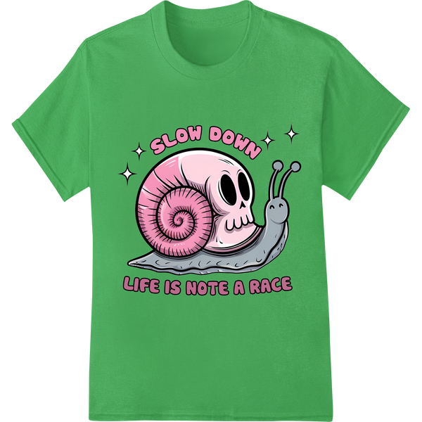 Slow Down Snail Skeleton Funny DTF Print Heat Transfer on green shirt - SUPERDTF-DTF Prints-DTF Transfers-Custom DTF Prints