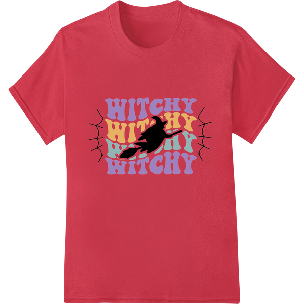 Colorful direct-to-film (DTF) print design featuring a witch on a broomstick and magical elements like stars and moons for...