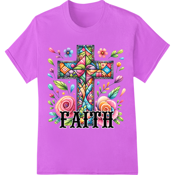 Vibrant Floral Cross Faith DTF Print Heat Transfer on purple shirt - SUPERDTF-DTF Prints-DTF Transfers-Custom DTF Prints