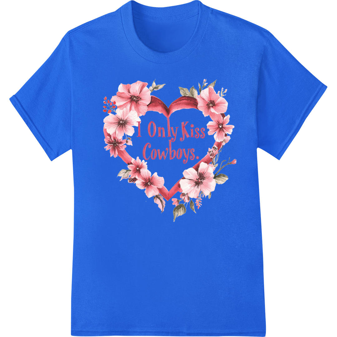 I Only Kiss Cowboys Valentine's Day DTF Print Heat Transfer on blue shirt - SUPERDTF-DTF Prints-DTF Transfers-Custom DTF Prints