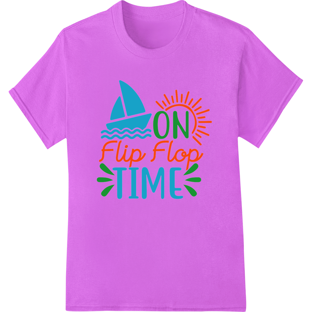 Embrace Summer with Our 'On Flip Flop Time' DTF Print! on purple shirt - SUPERDTF-DTF Prints-DTF Transfers-Custom DTF Prints