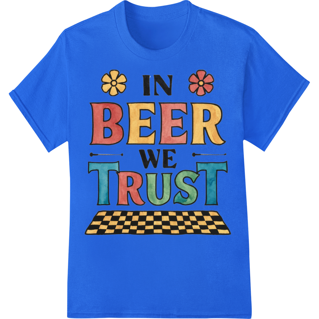 Retro 'In Beer We Trust' DTF Print for Beer Lovers on blue shirt - SUPERDTF-DTF Prints-DTF Transfers-Custom DTF Prints