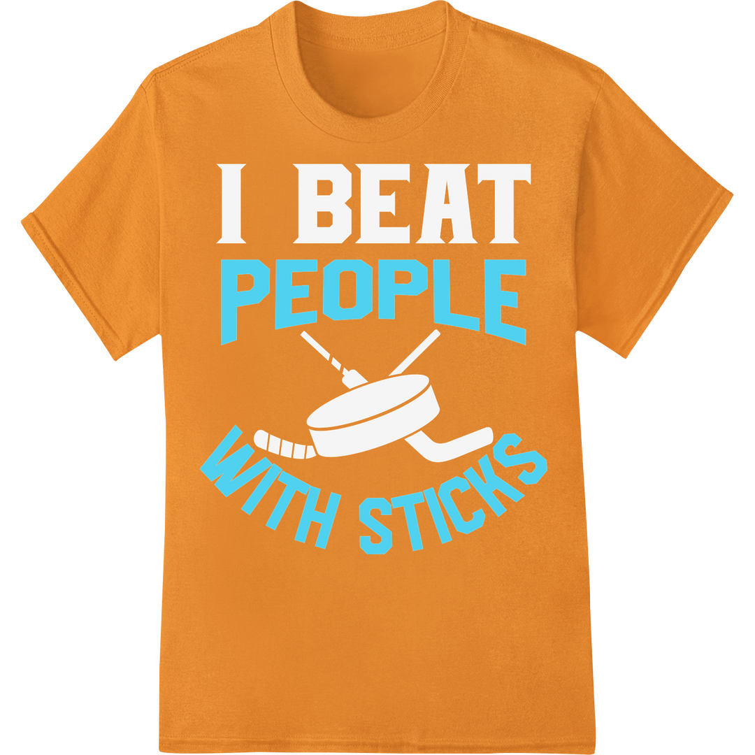 Bold 'PEOPLE WITH STICKS' Ice Hockey DTF Print Heat Transfer on orange shirt - SUPERDTF-DTF Prints-DTF Transfers-Custom DTF Prints