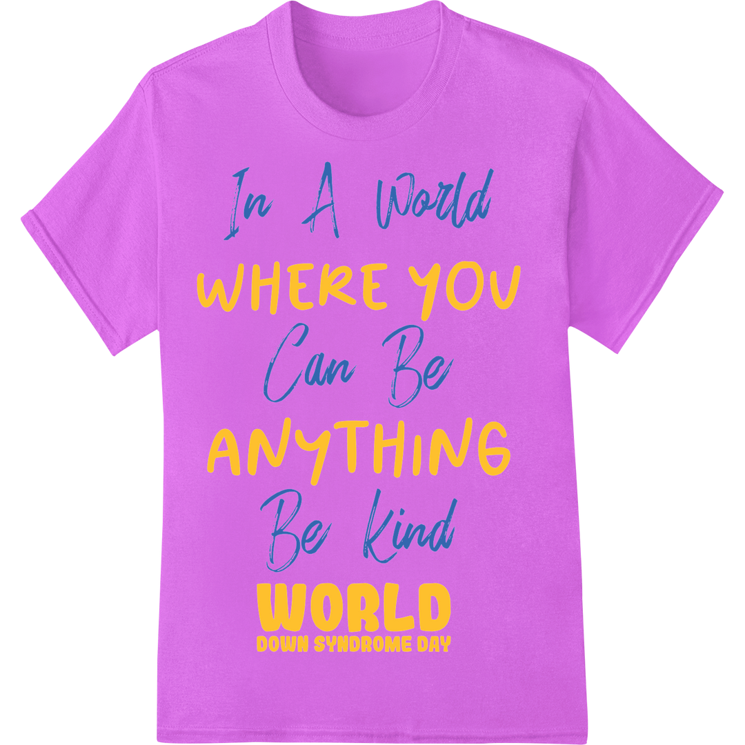 Inspiring "Be Kind" Down Syndrome Awareness DTF Transfer on purple shirt - SUPERDTF-DTF Prints-DTF Transfers-Custom DTF Prints