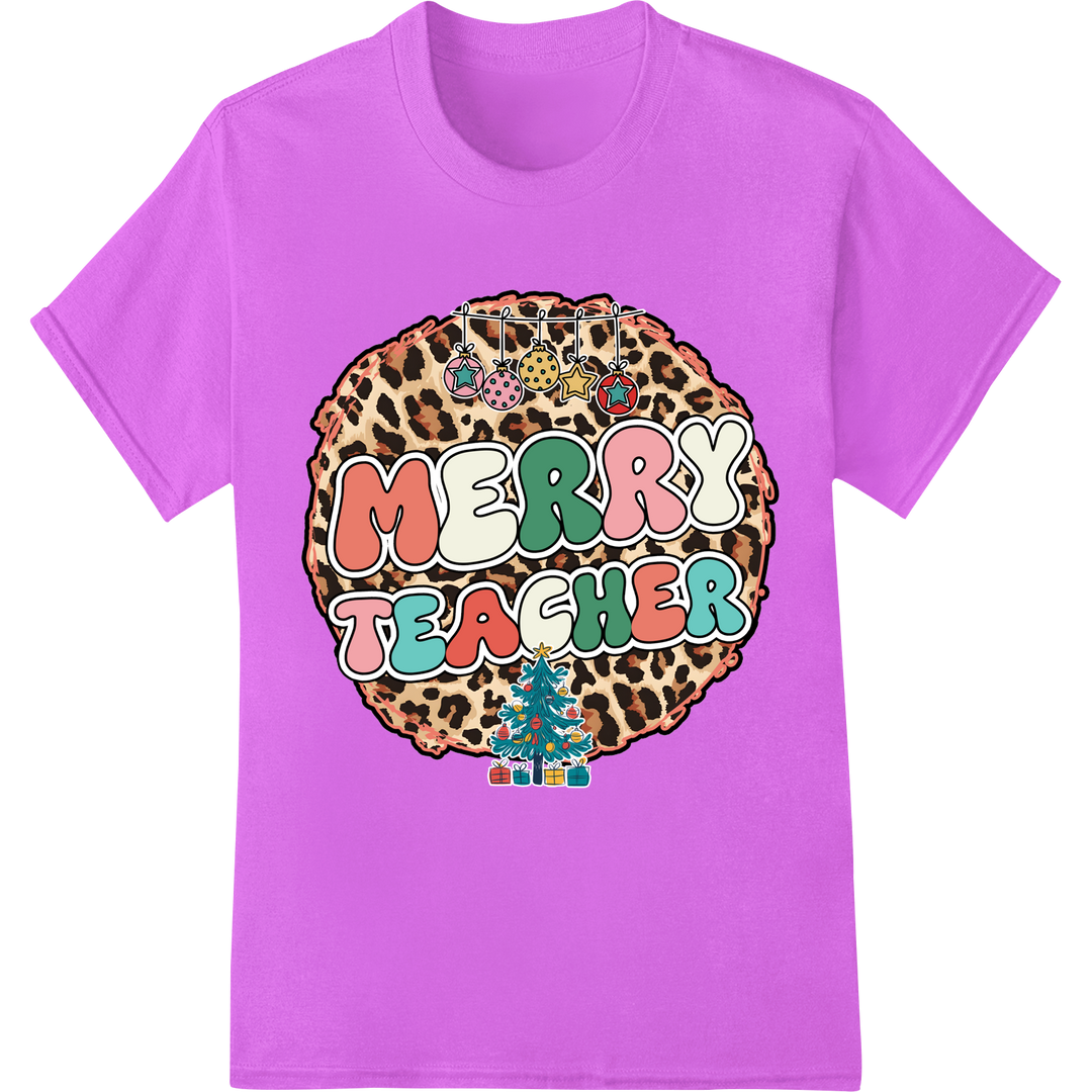 Leopard Print Merry Teacher Christmas DTF Heat Transfer on purple shirt - SUPERDTF-DTF Prints-DTF Transfers-Custom DTF Prints