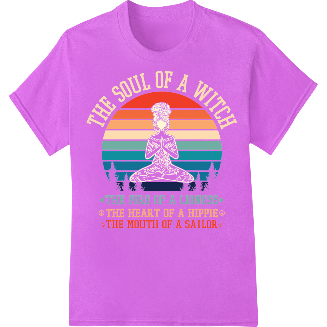 Vintage Yoga Soul: Lioness Fire Hippie Heart Sailor Mouth on purple shirt - SUPERDTF-DTF Prints-DTF Transfers-Custom DTF Prints