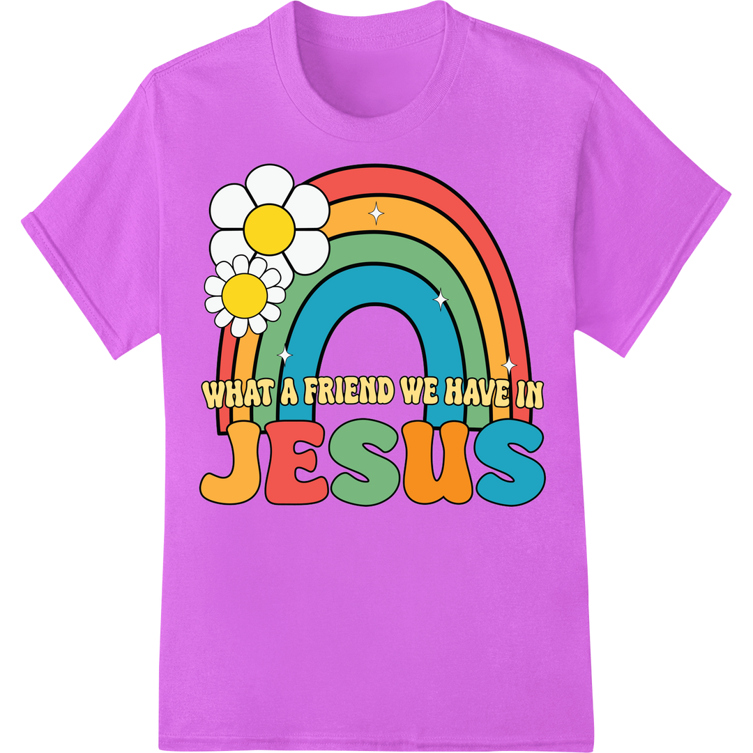 Uplifting 'What a Friend We Have in Jesus' Easter DTF Print on purple shirt - SUPERDTF-DTF Prints-DTF Transfers-Custom DTF Prints