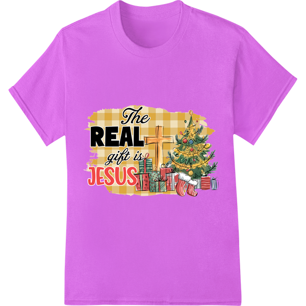 The REAL Gift is Jesus: Christian Christmas DTF Print on purple shirt - SUPERDTF-DTF Prints-DTF Transfers-Custom DTF Prints