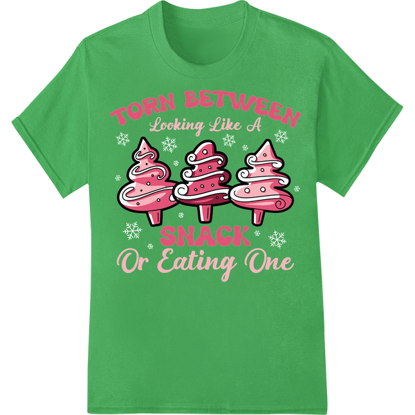 Hilarious Pink Xmas Snack T-Shirt Transfer | Festive DTF Print on green shirt - SUPERDTF-DTF Prints-DTF Transfers-Custom DTF Prints