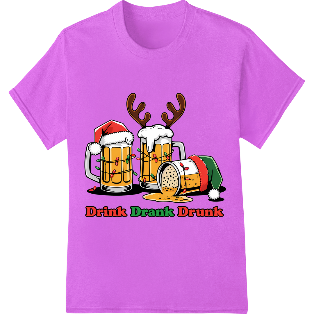 Festive 'Drink Drank Drunk' Christmas Beer DTF Print on purple shirt - SUPERDTF-DTF Prints-DTF Transfers-Custom DTF Prints