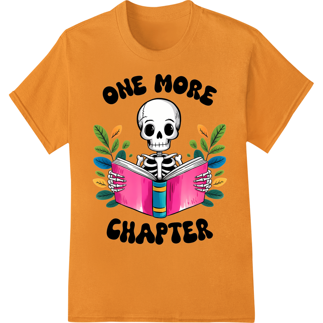 Quirky Skeleton Loves Reading! Humorous Halloween DTF Print on orange shirt - SUPERDTF-DTF Prints-DTF Transfers-Custom DTF Prints