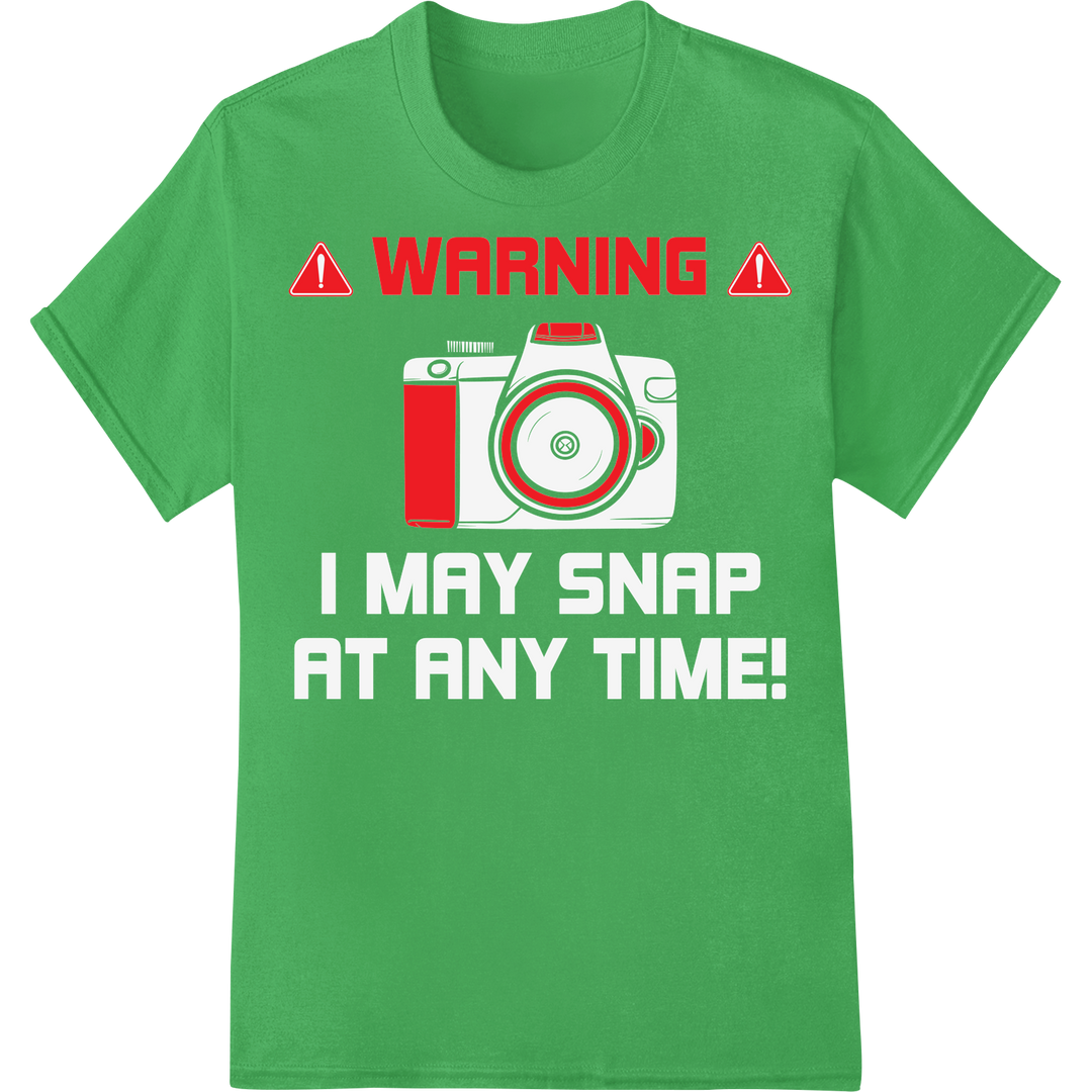 Attention-Grabbing WARNING Sign Photography DTF Print on green shirt - SUPERDTF-DTF Prints-DTF Transfers-Custom DTF Prints