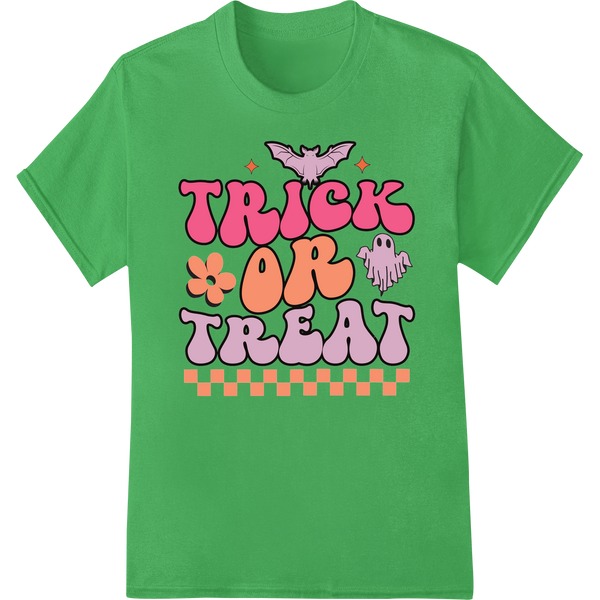 A spooky black bat silhouette with the text 'Trick or Treat' in an orange and black Halloween themed heat transfer print...