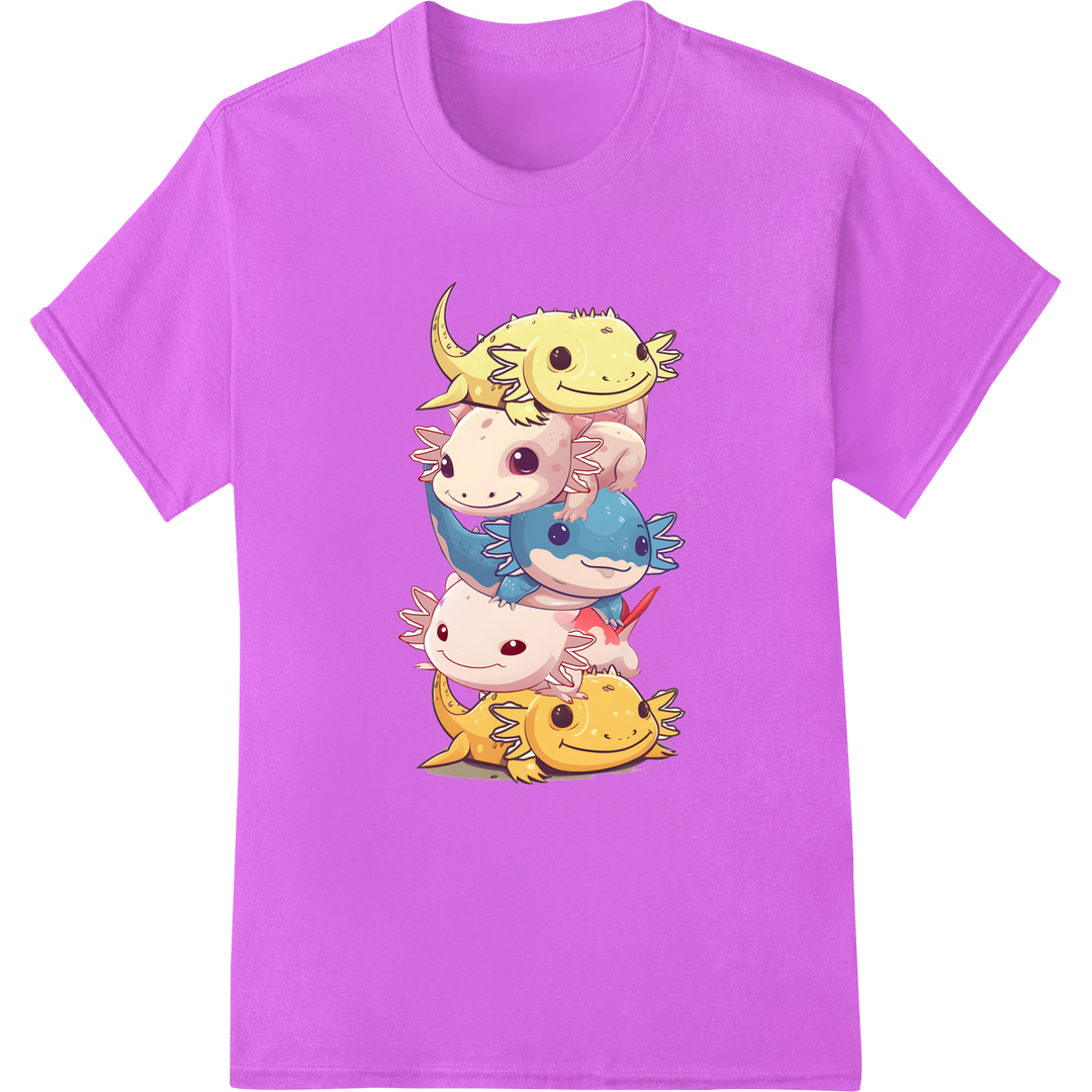 Adorable Axolotl Stack: Vibrant DTF Print Heat Transfer on purple shirt - SUPERDTF-DTF Prints-DTF Transfers-Custom DTF Prints