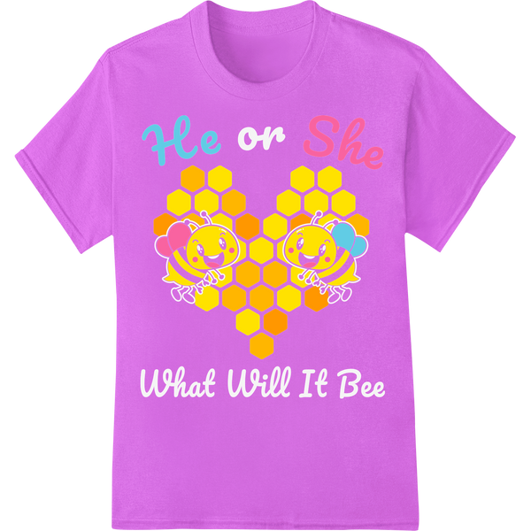 'He She' Bee-Inspired Gender Reveal DTF Print Transfer on purple shirt - SUPERDTF-DTF Prints-DTF Transfers-Custom DTF Prints