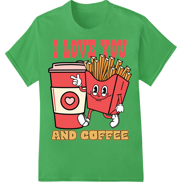 Adorable 'I LOVE YOU AND COFFEE' Valentine's Day DTF Print on green shirt - SUPERDTF-DTF Prints-DTF Transfers-Custom DTF Prints