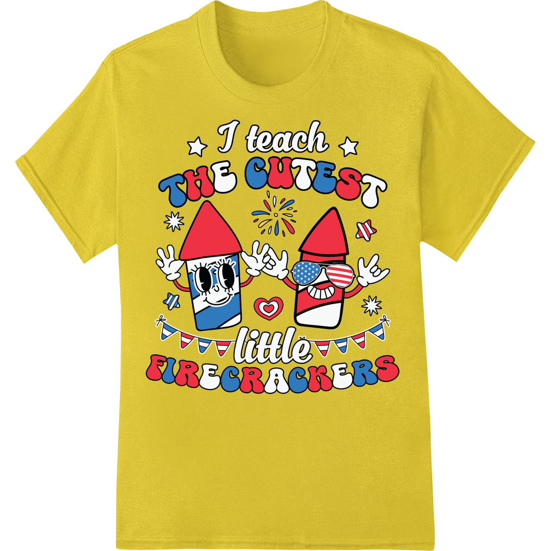 Patriotic Teacher 'Little Firecrackers' 4th of July DTF Print on yellow shirt - SUPERDTF-DTF Prints-DTF Transfers-Custom DTF Prints