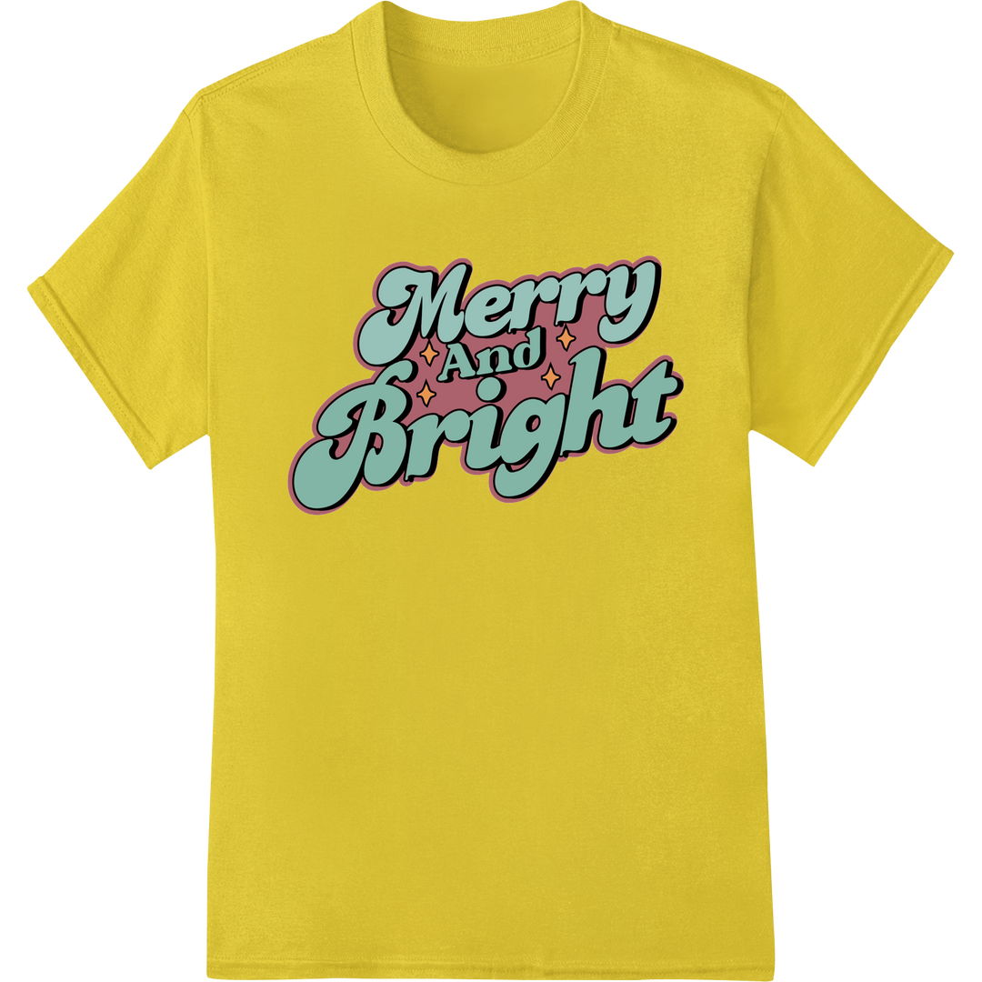 Festive 'Merry and Bright' DTF Print Heat Transfer Design on yellow shirt - SUPERDTF-DTF Prints-DTF Transfers-Custom DTF Prints