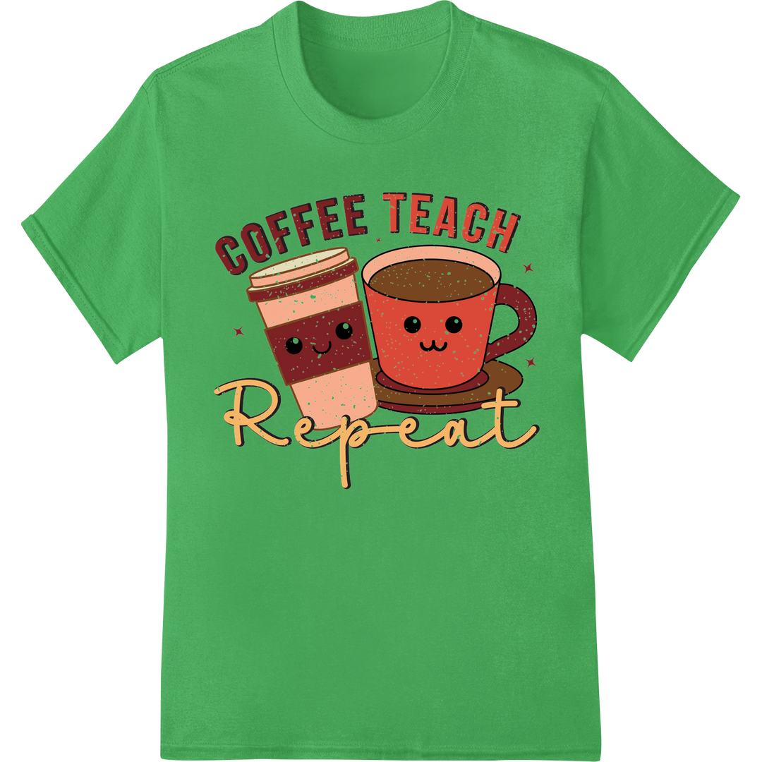 Adorable 'Coffee Teach Repeat' DTF Print for Teachers on green shirt - SUPERDTF-DTF Prints-DTF Transfers-Custom DTF Prints