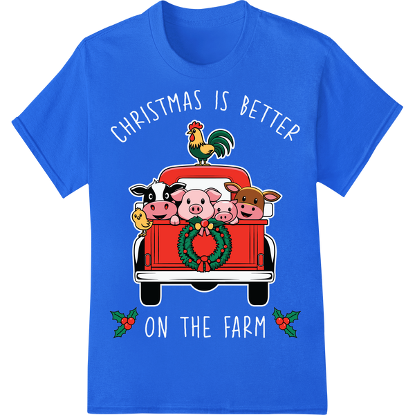 Adorable Christmas Farm Animals in Red Truck DTF Print on blue shirt - SUPERDTF-DTF Prints-DTF Transfers-Custom DTF Prints