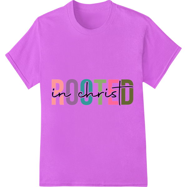 Rooted in Christ | Vibrant Religious DTF Heat Transfer on purple shirt - SUPERDTF-DTF Prints-DTF Transfers-Custom DTF Prints