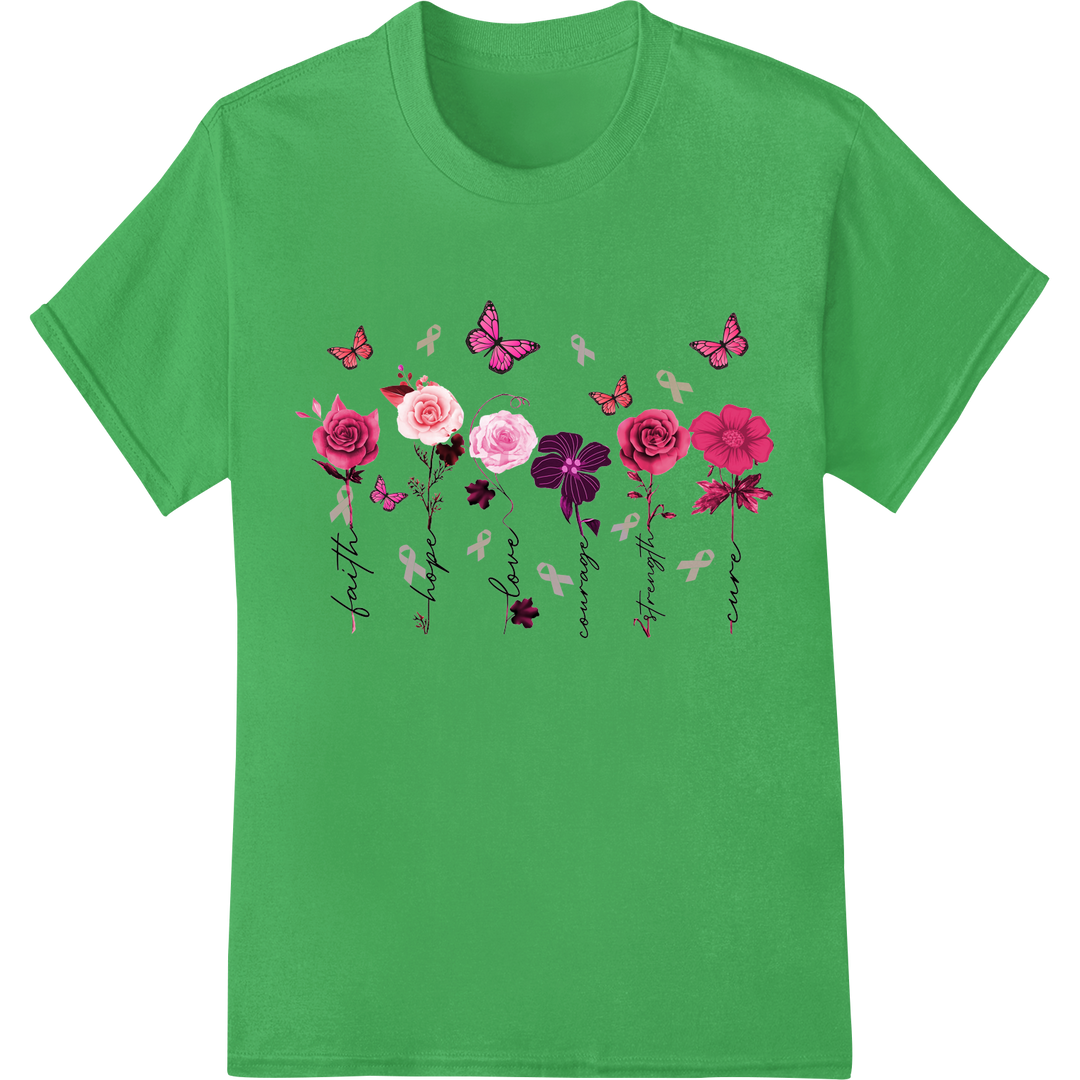 Floral Ribbon Butterfly Breast Cancer Awareness DTF Print on green shirt - SUPERDTF-DTF Prints-DTF Transfers-Custom DTF Prints