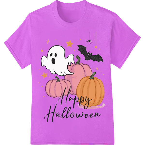 Friendly Ghost & Pumpkins Happy Halloween Heat Transfer featuring professional DTF printing service