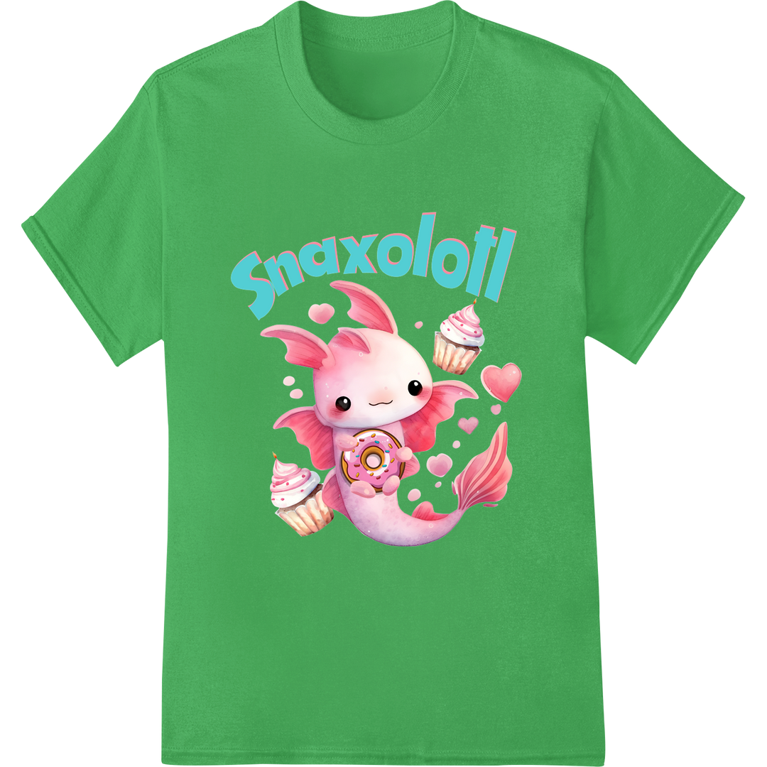 Adorable Snaxolotl: Kawaii Cupcake Axolotl DTF Print on green shirt - SUPERDTF-DTF Prints-DTF Transfers-Custom DTF Prints