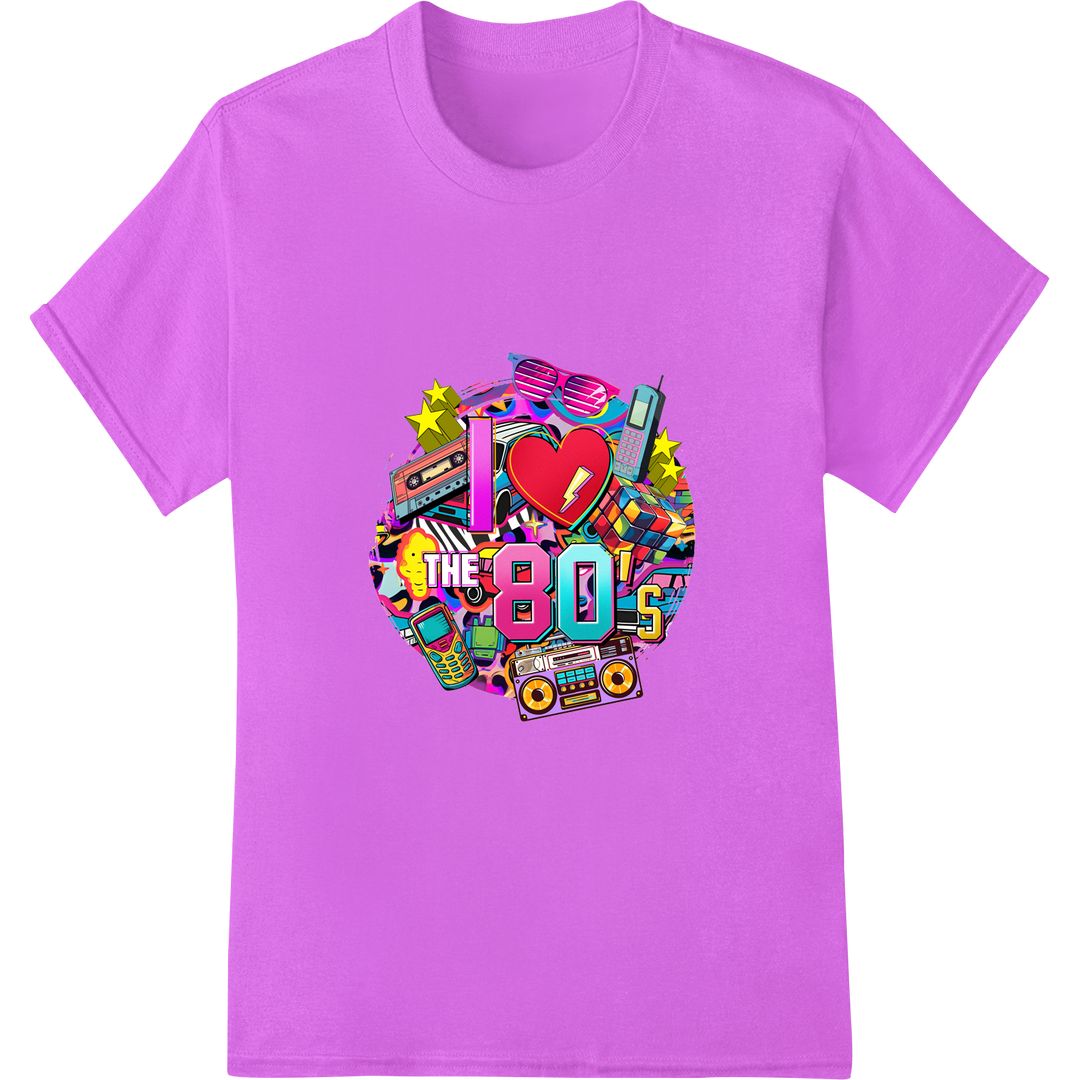 Retro 'I Love The 80s' | Vibrant DTF Print Heat Transfer on purple shirt - SUPERDTF-DTF Prints-DTF Transfers-Custom DTF Prints