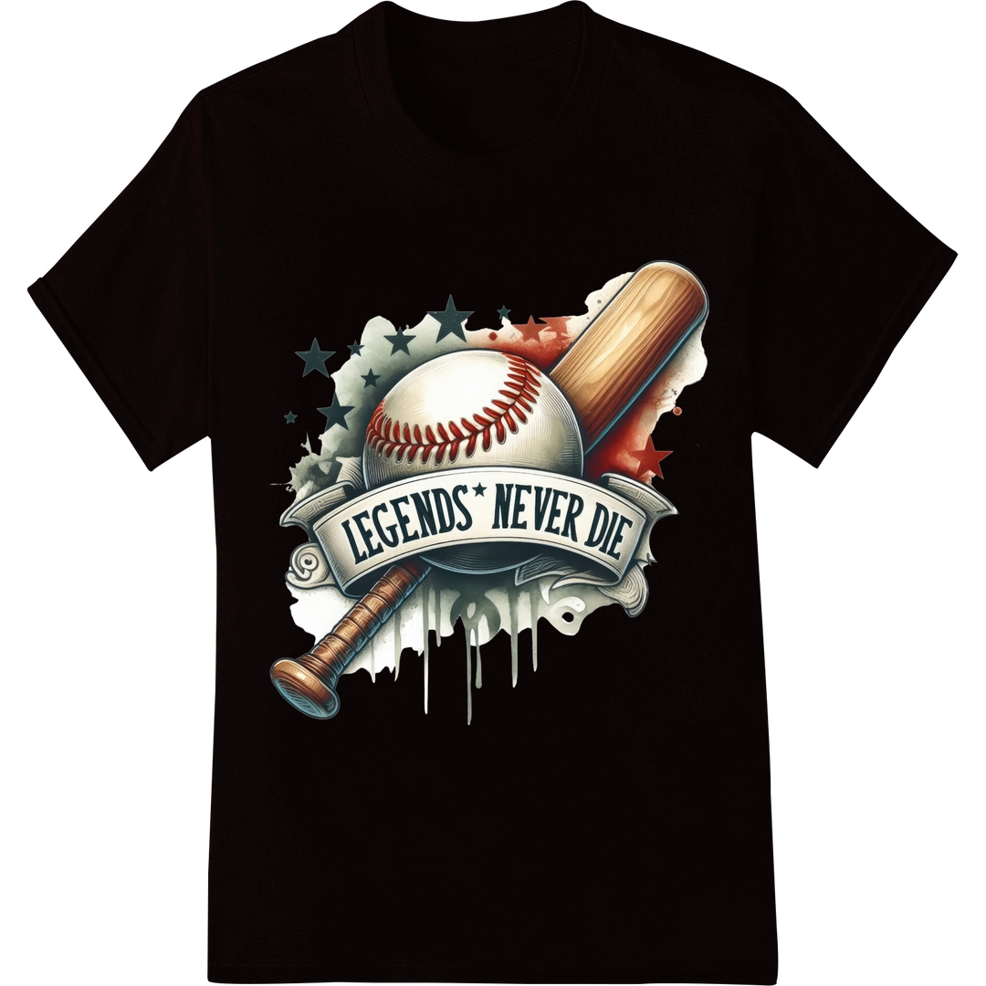 Legends Never Die: Vintage Baseball DTF Print Transfer on black shirt - SUPERDTF-DTF Prints-DTF Transfers-Custom DTF Prints