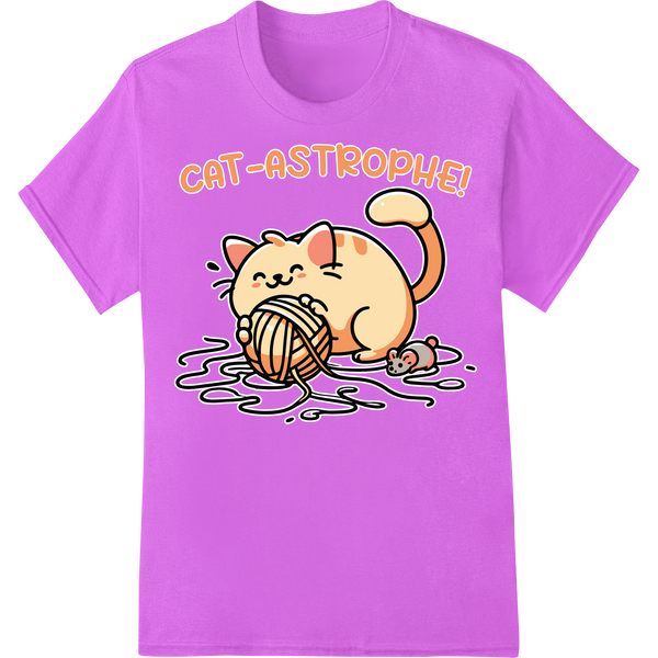 Feline Funny? 'Cat-astrophe' DTF Print Heat Transfer on purple shirt - SUPERDTF-DTF Prints-DTF Transfers-Custom DTF Prints