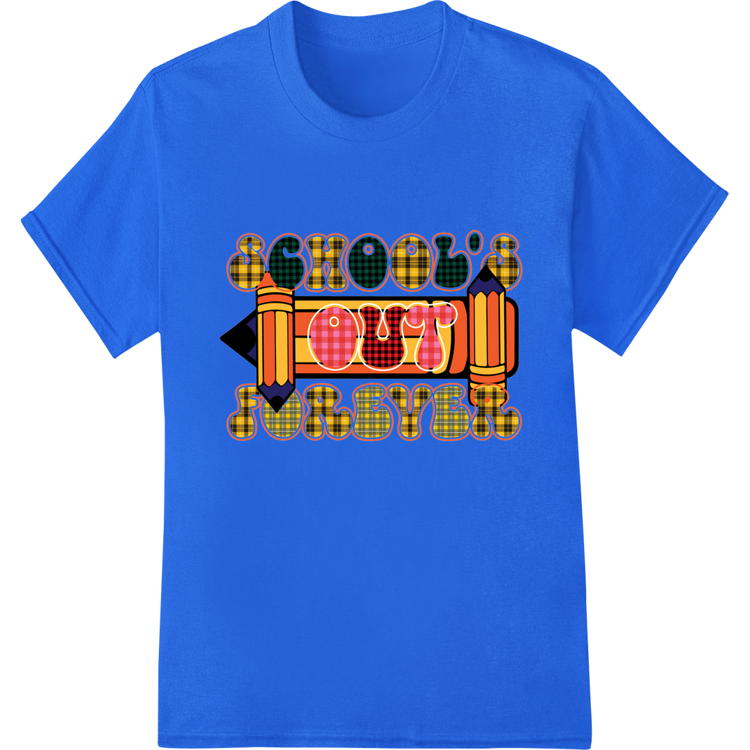 Retro 'School's Out Forever' Teacher Heat Transfer Print on blue shirt - SUPERDTF-DTF Prints-DTF Transfers-Custom DTF Prints