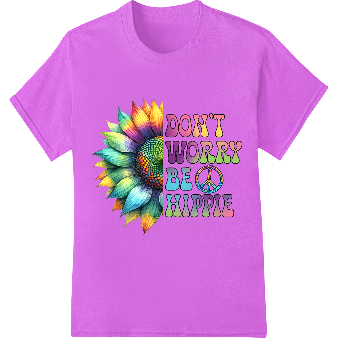 Groovy 'Don't Worry Be Hippie' Sunflower DTF Print Transfer on purple shirt - SUPERDTF-DTF Prints-DTF Transfers-Custom DTF Prints