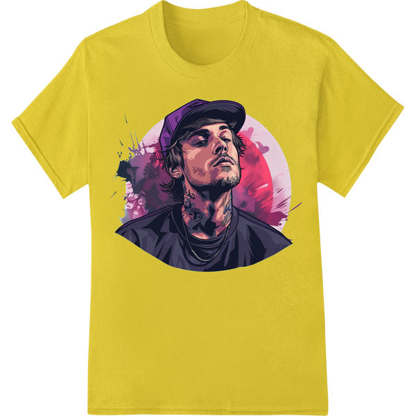 Artistic graffiti-style portrait of a mysterious rebel figure with an edgy and urban vibe, printed using DTF heat transfer