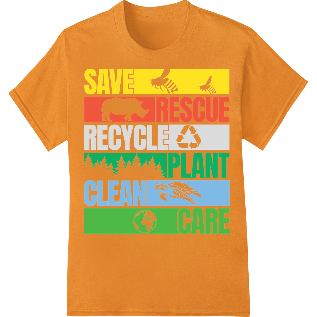 Eco-Warrior Earth Day DTF Print: Save, Rescue, Recycle on orange shirt - SUPERDTF-DTF Prints-DTF Transfers-Custom DTF Prints