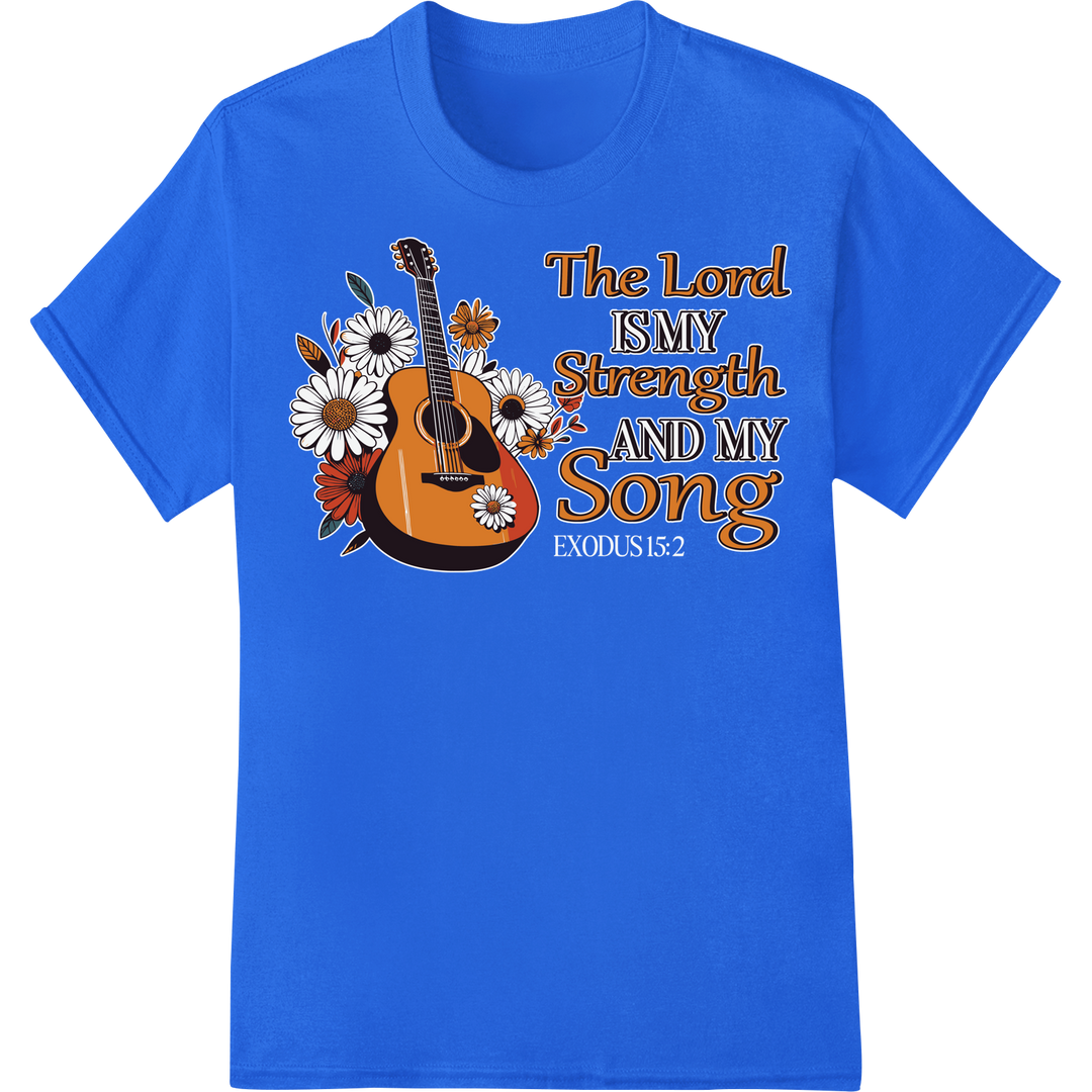 Uplifting Guitar DTF Print: Faith, Music, Strength Combined on blue shirt - SUPERDTF-DTF Prints-DTF Transfers-Custom DTF Prints