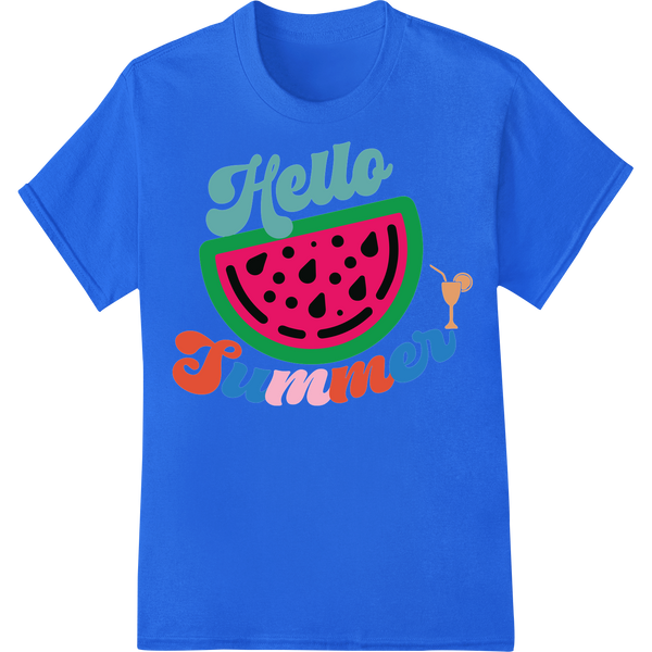 Juicy Watermelon "Hello Summer" DTF Print Heat Transfer on blue shirt - SUPERDTF-DTF Prints-DTF Transfers-Custom DTF Prints